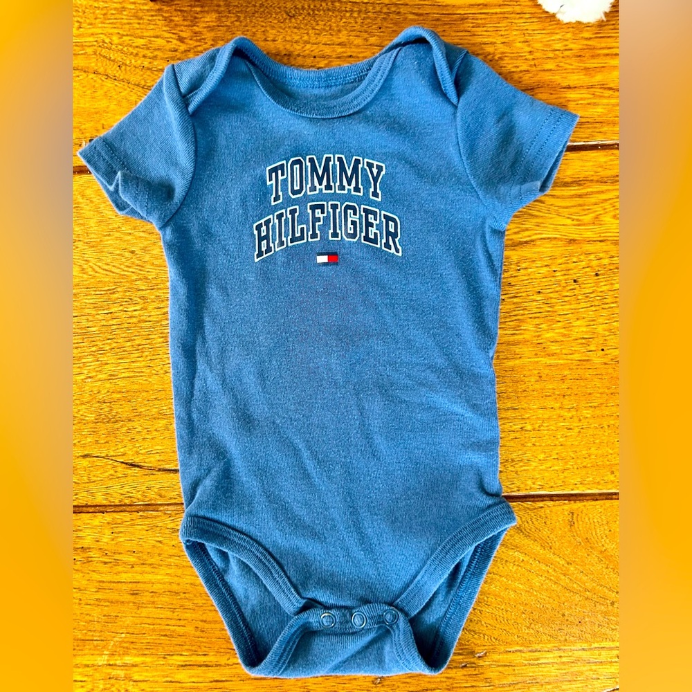 Tommy Hilfiger blue cotton onesie size 3 to 6 months.
